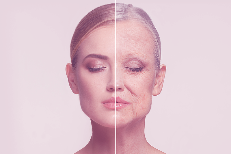 female face split old and young illustrating anti-aging skin care