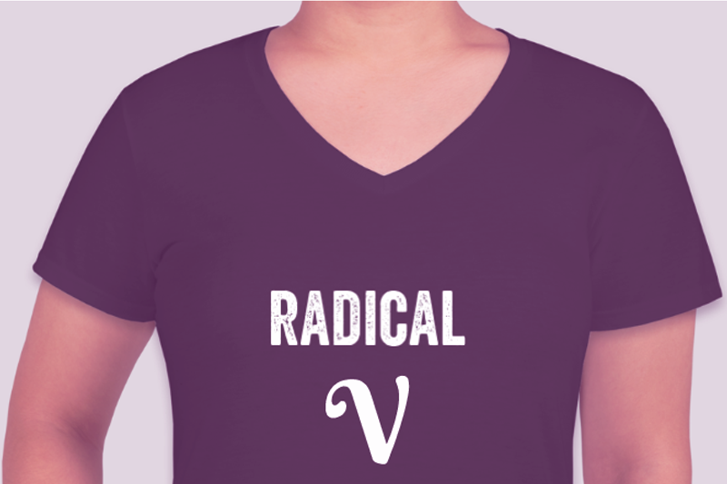 woman in a black t-shirt that reads radical v