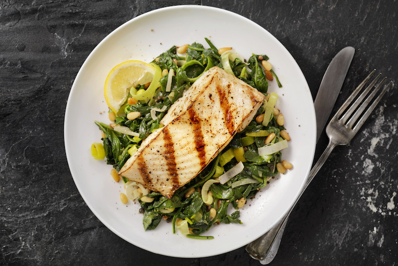 a protein-packed dinner of halibut and spinach