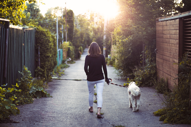 woman walking with her dog in an alley