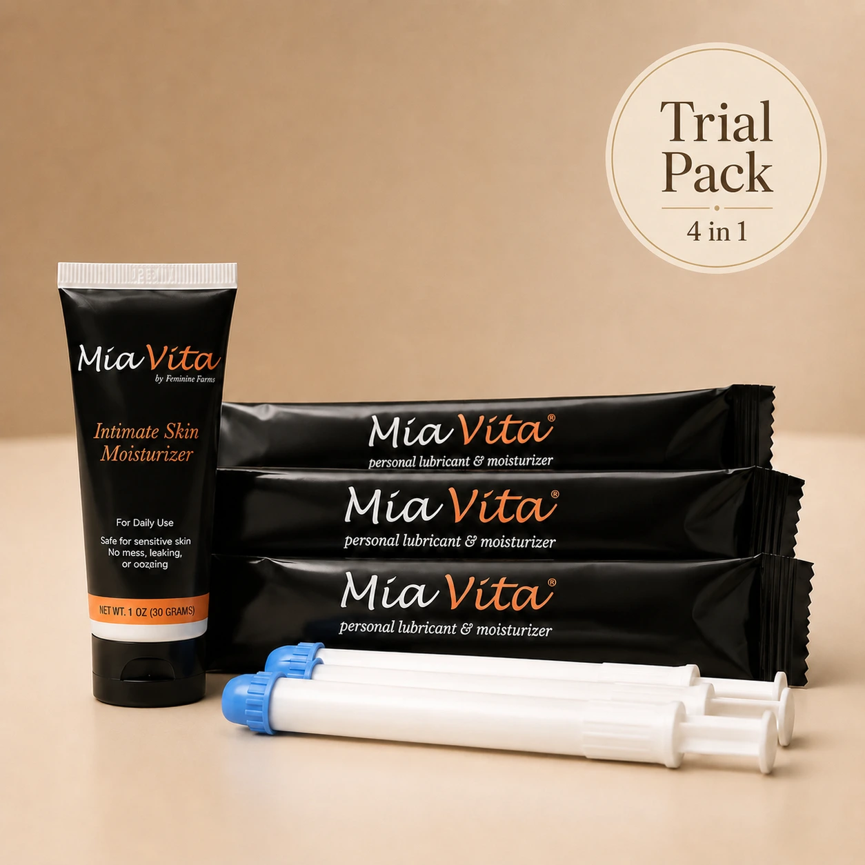 3 Mia Vita® Personal Lubricant & Moisturizer applicators and 1 tube of Mia Vita® Gel. Trial Pack - 4 in 1 Value