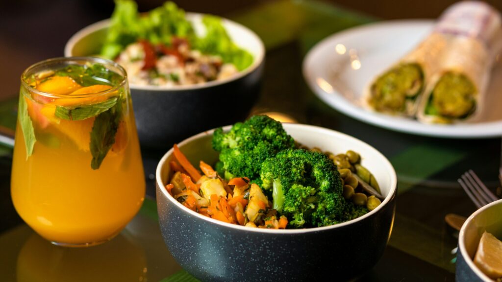 food and cocktail at a table