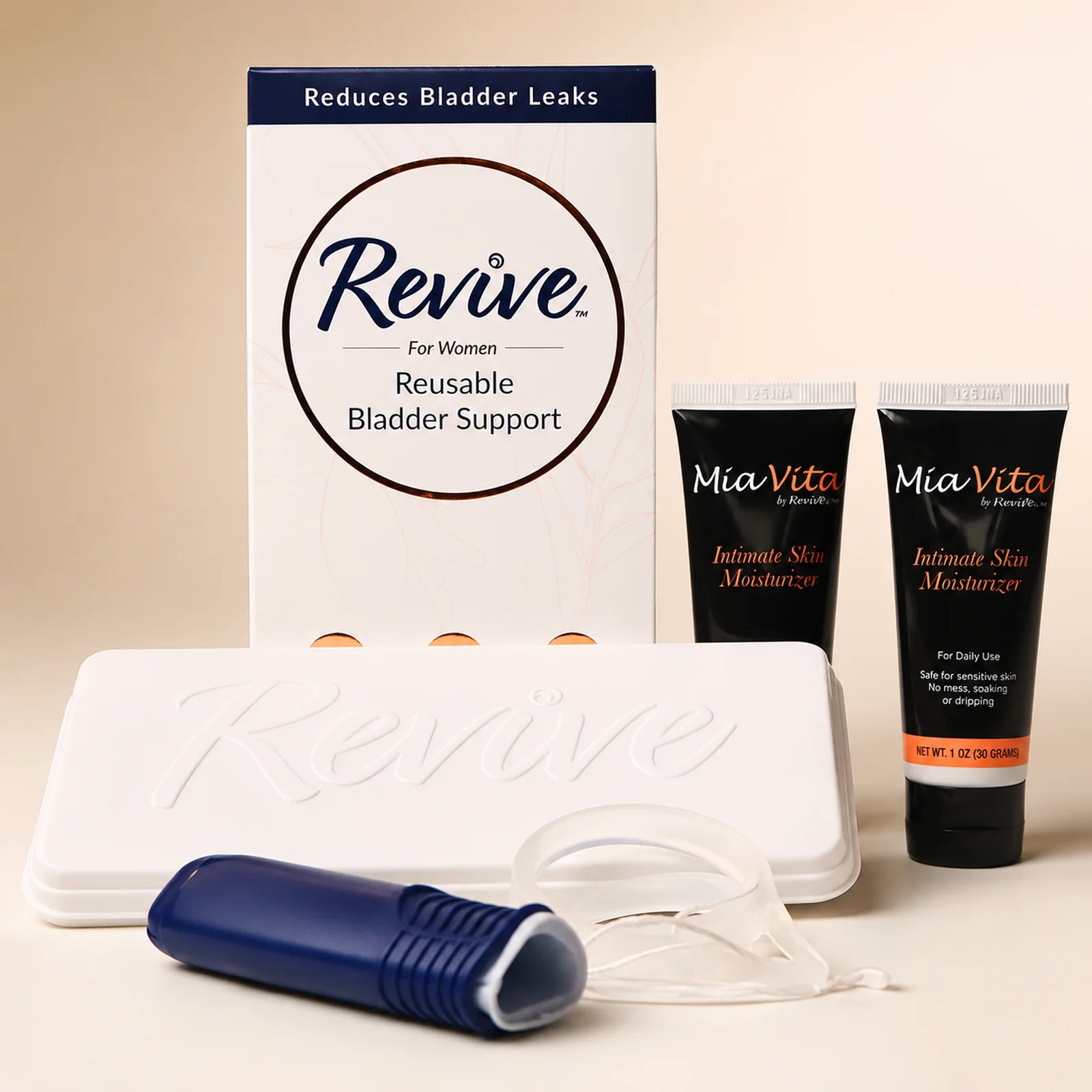 Image showing The Revive Pessary and 2 tubes of Mia Vita Intimate Skin Moisturizer