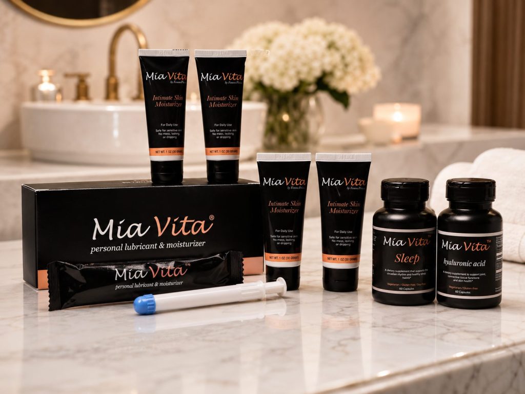 Luxurious bathroom counter of white marble lined with Mia Vita products including Mia Vita Personal Lubricant & moisturizer, Intimate Skin Moisturizer, Sleep Supplement, and Hyaluronic Acid Supplement