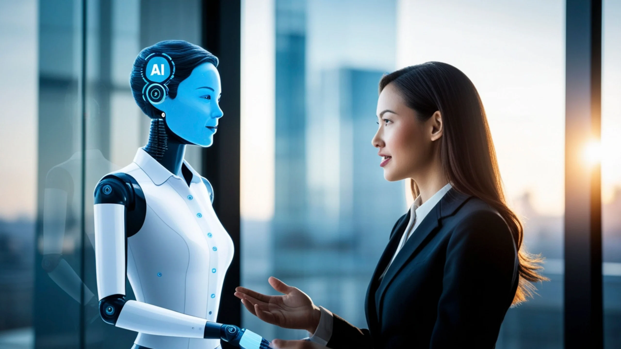 Image of a woman looking at a high tech AI robot