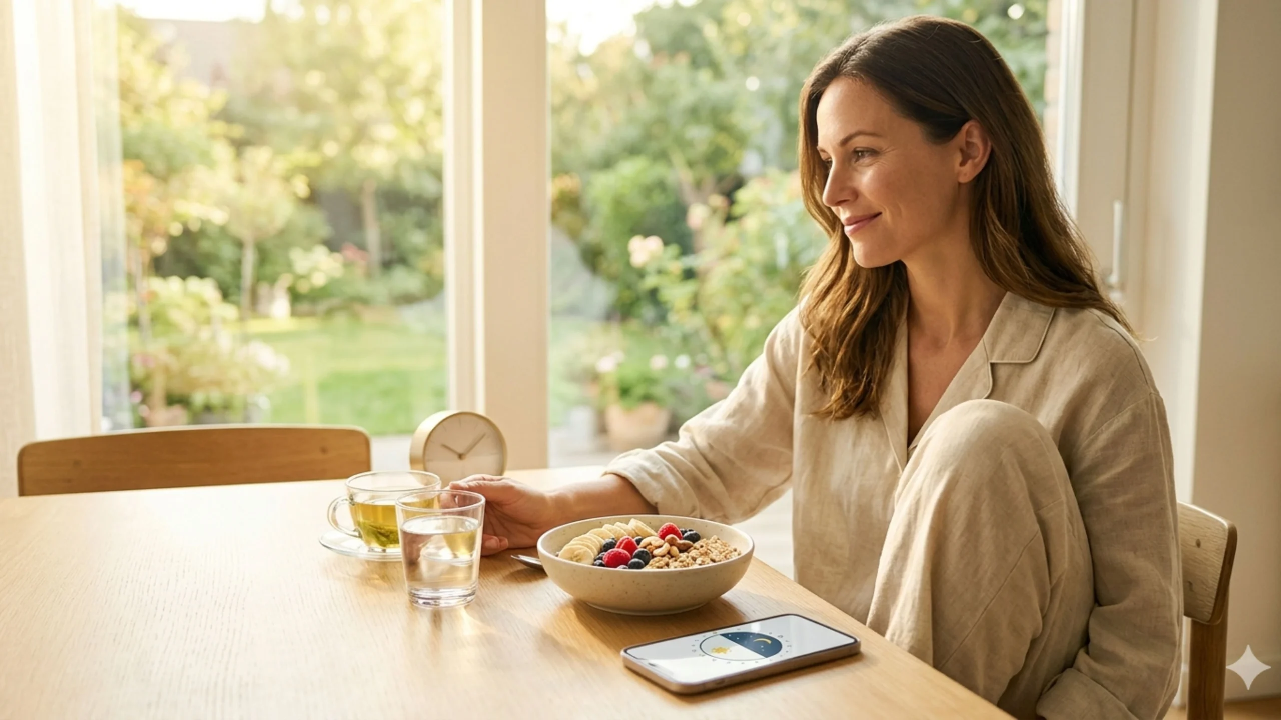Woman wearing pajamas sitting at a sunny breakfast table with fresh food in a bowl