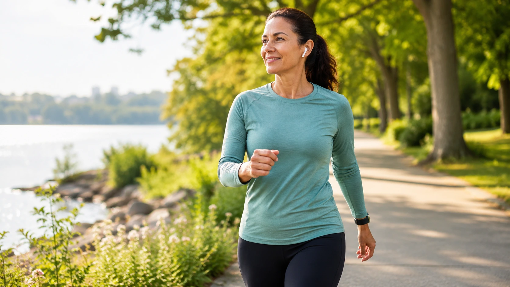 A midlife woman engaged in true Zone 2 movement a brisk outdoor walk.