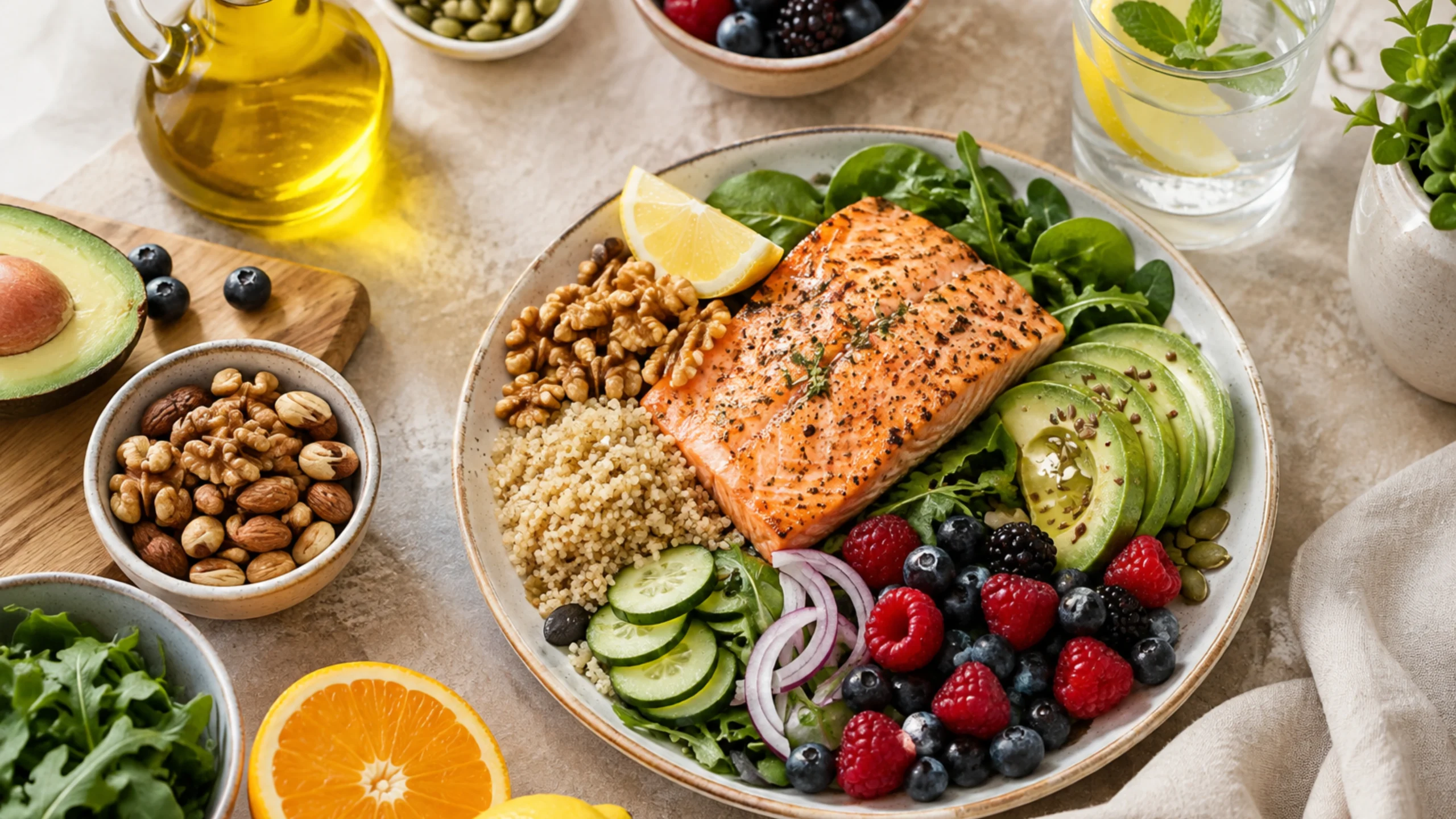 Salmon, avocado, leafy greens, berries, nuts, seeds, citrus, and water arranged as a nutrient-rich meal.