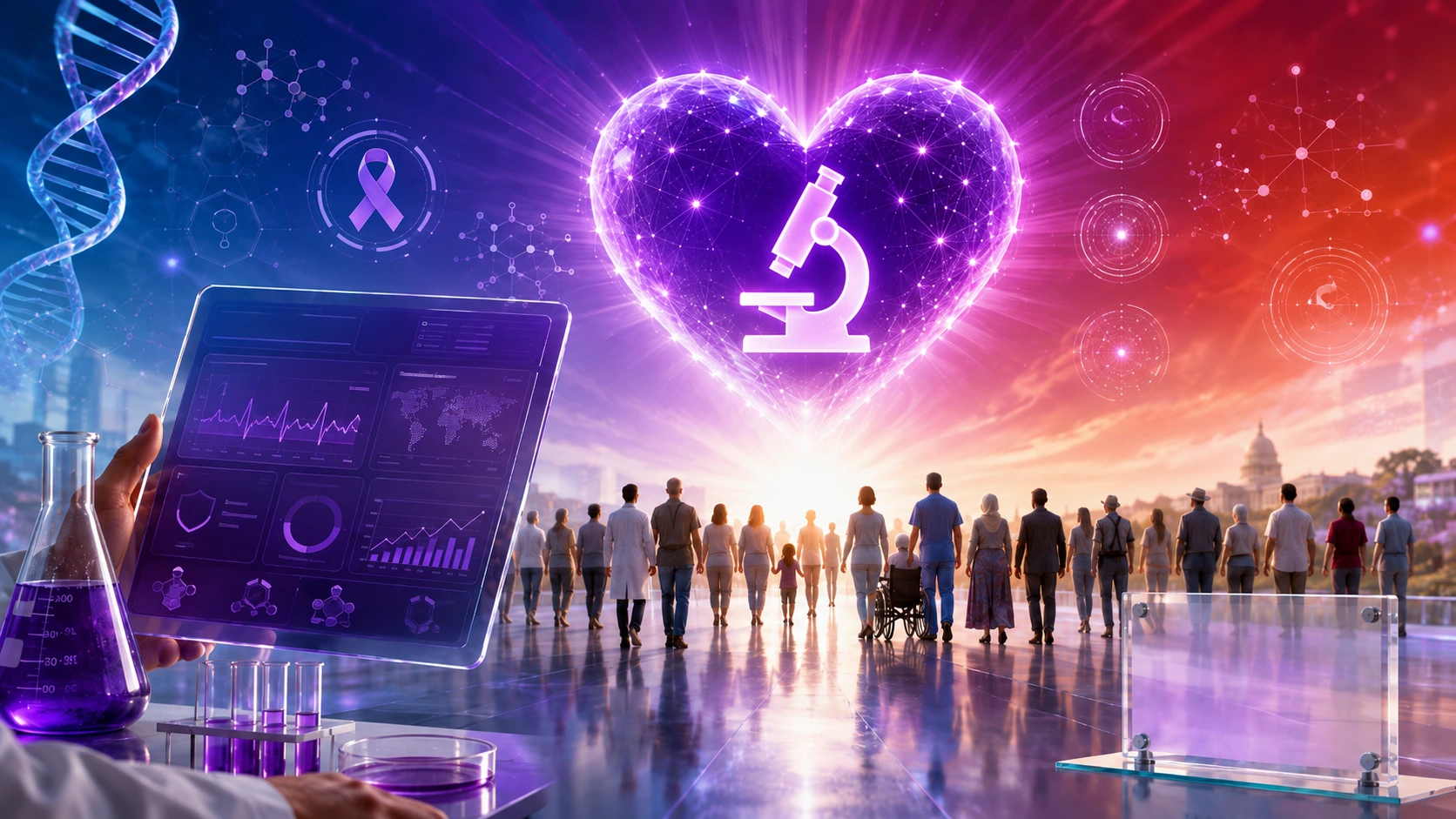 A hand in a lab coat holds a digital tablet displaying charts in an abstract clinical room. A glowing purple heart with a microscope is centered. A crowd of people stands at the far end under a curtain transitioning from red to blue.