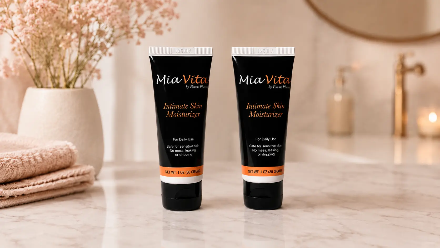 Mia Vita Intimate Skin Moisturizer displayed on a bathroom counter in a calm spa-inspired setting