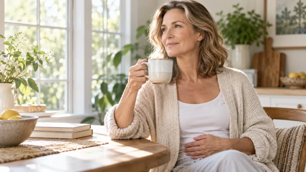 Midlife woman sitting in a sunlit kitchen with tea, resting a hand on her abdomen.