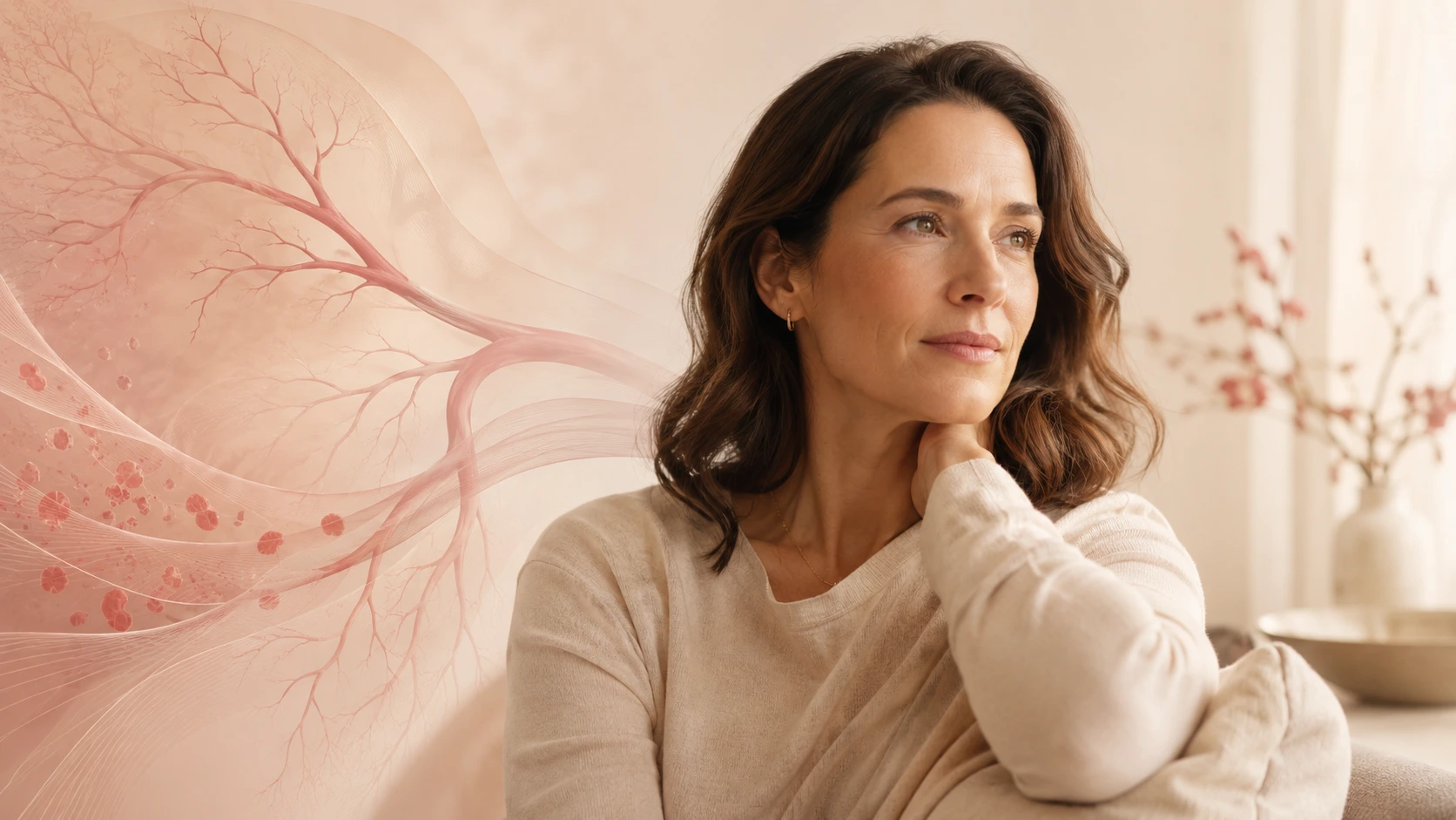 Thoughtful midlife woman beside a subtle vascular illustration representing the connection between stress and blood clotting.