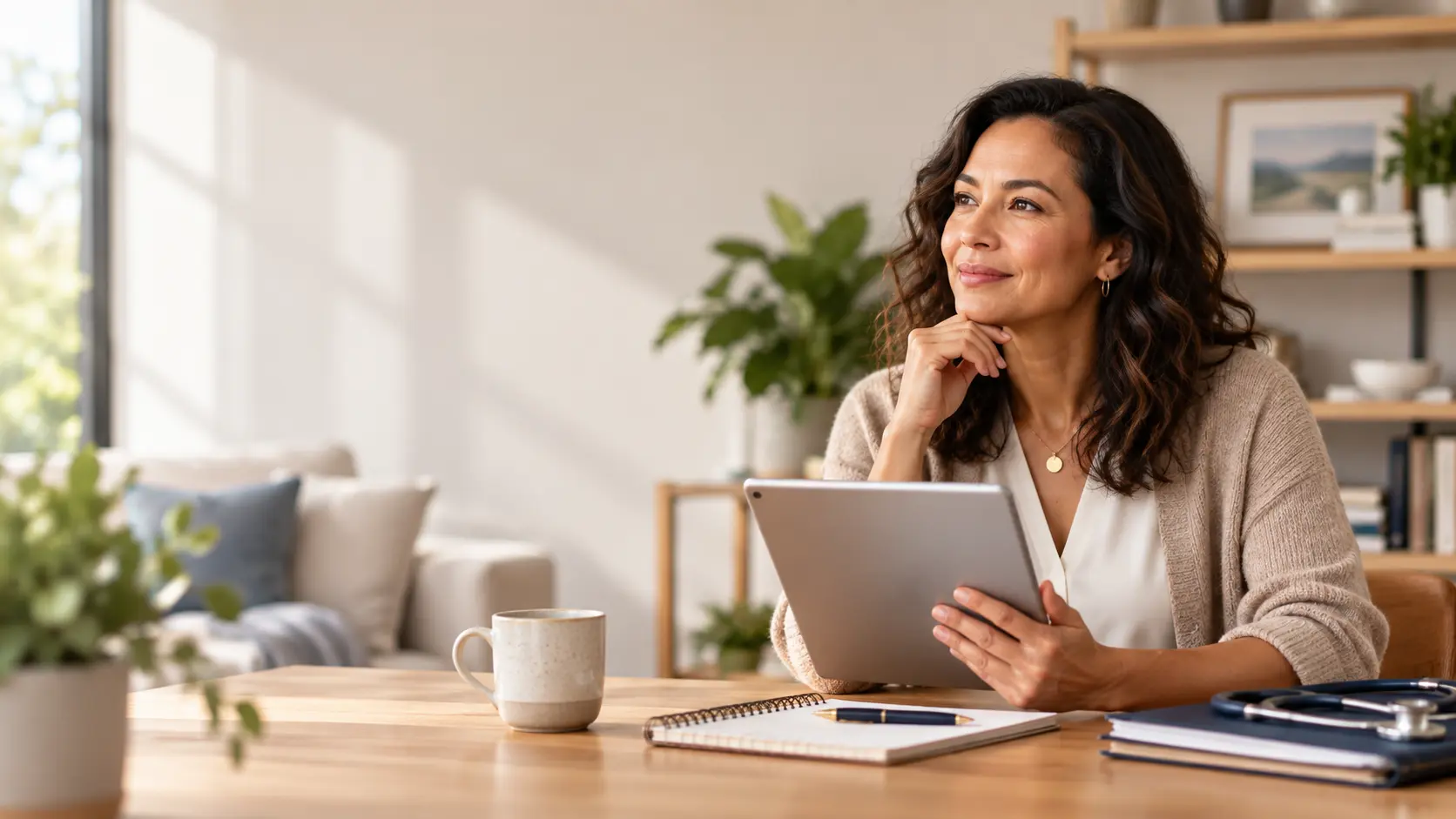 A woman seated at a table in a bright, modern home setting holds a tablet and looks thoughtfully into the distance, with a notebook, mug, and stethoscope nearby.